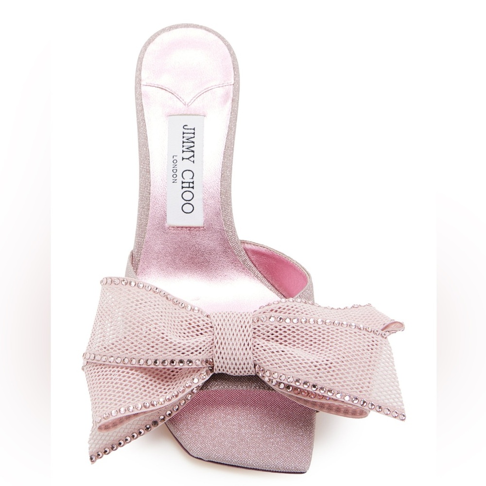 New JIMMY CHOO Jodi Bow-Embellished Glittered Mules pink